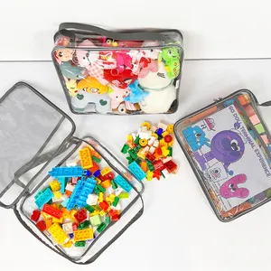 Saco de armazenamento de brinquedos para crianças em PVC transparente, saco portátil de tijolos Lego à prova d'água com bolso de malha