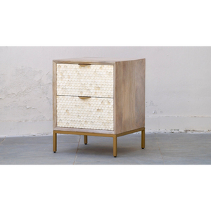 Table de chevet en bois de manguier avec incrustations d'os de style mid-century, meuble de chambre à coucher de luxe, armoire de rangement, table de chevet en rotin à 2 tiroirs - Product Image 5