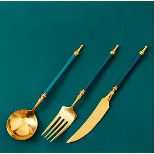 Juego de cubiertos de acero inoxidable con espejo de alta calidad con cabeza dorada mate y Mango Verde forma redonda perfecta para cenar con estilo - Product Image 6