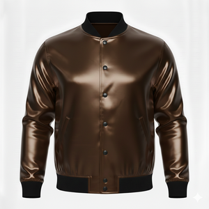 แจ็คเก็ตวาร์ซิตี้ผ้าซาตินสีน้ำตาลพร้อมโลโก้สั่งทำ |   ป้ายตัวอักษรเชนิลสำหรับผู้ชาย |   เสื้อคลุมมีฮู้ดแบบยาวบุขนแกะกันลมสไตล์เบสบอล - Product Image 1