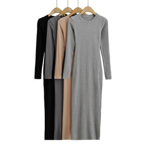 Robe longue en tricot côtelé extensible pour femme, col rond, sexy, moulante, élastique, basique, décontractée, longueur maxi, matière laine - Product Image 4