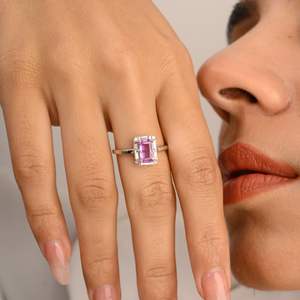 แหวนหมั้นเพชรแซฟไฟร์สีชมพูขนาด14K สีทองขาว100% แปดเหลี่ยมธรรมชาติ - Product Image 4