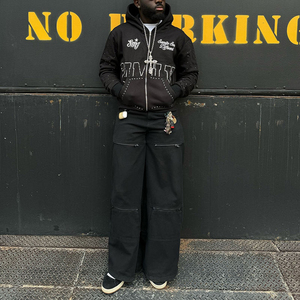 Custom Rhinestone Zip Up Hoodie 450 GSM Lavado ácido Rhinestone Logo Cremallera Negro Hombres sudaderas con capucha hombres, hombres sudaderas con capucha - Product Image 3