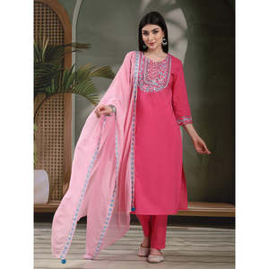 Women's Solid Embroidered Cotton Kurta Set with Chiffon <b>Pyjama</b> & Dupatta - Product Image 4