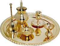 Nouvel Arrivage : Ensemble de Pooja Moderne en Laiton Royal Fait Main, Or Indien, avec 3 Diya, Assiette de Pooja, Thali de Pooja, Assiette Religieuse, Décoration de Temple