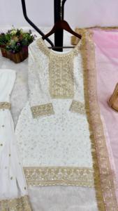 Fancy Readymade Wedding Wear Faux Georgette Heavy Sequence & Thread Embroidery Work Top and Sharara With <b>Organza</b> <b>Silk</b> Dupatta - Product Image 3