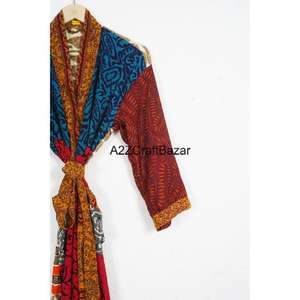 Kimono de Seda 100% Vintage Bohemio para Mujer, Diseño de Parches, Cierre con Cordón, Mangas Tres Cuartos, Suave y de Secado Rápido - Product Image 3