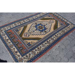 4x6.4 ft Vintage Rug, Turkish Area Rug, Blue <b>Brown</b> Oriental <b>Wool</b> Rug - Product Image 3