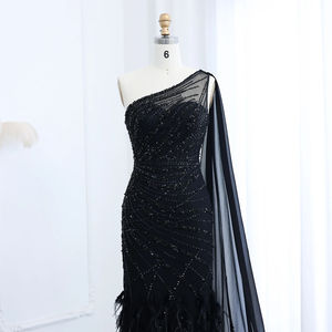 Jancember SZ498 Asimétrico Negro Elegante Pluma Noche Vestidos de baile Vestidos - Product Image 3