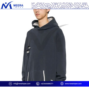 Raw Finish Distressed Hoodie for Men - Grunge-Inspired Cotton Blend Sweatshirt with Ripped <b>Detailing</b>, Faded Wash - Product Image 4