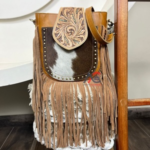 Nuevo bolso de hombro con flecos de cuero de vaca con herramientas cruzadas portátiles, bolso de mano con correa ajustable de cuero genuino para mujer - Product Image 1