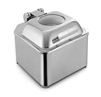 Chique natuurlijke gepolijste roestvrijstalen vierkante chafing dish met glazen deksel, 5/7/9 liter inhoud, voor restaurantgebruik