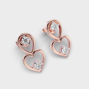 IGI Certified Lab Grown Round Diamond Heart <b>Drop</b> Earrings 14K Yellow / White / Rose Gold Double Heart Diamond Earrings for Women - Product Image 3