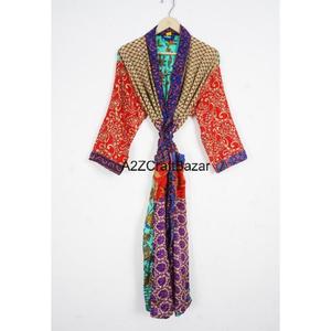 Bata Bohemia de Sari de Seda 100% Hecha a Mano para Mujer, con Parches, Cuello en V, Cordón Ajustable, Manga Larga, Suave, para Otoño y Verano - Product Image 5