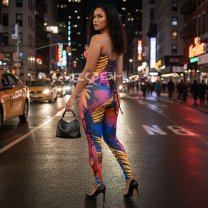 Conjunto de corsé y leggings a juego, hecho en satén, corsé y leggings de malla transparente transpirable, ropa moldeadora tropical sublimada de moda. - Product Image 4