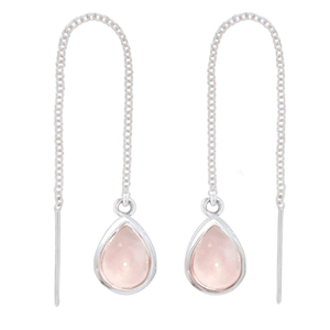 Boucles d'oreilles enfileuses de poire en quartz rose en argent sterling 925 pour filles Boucles d'oreilles en argent avec pierres précieuses avec lunette en perles - Product Image 1