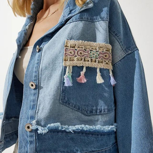 Lupin fieltro venta al por mayor invierno mujer caliente Denim Varsity chaqueta Tribal bordado con cuentas prendas de vestir encaje rasgado Casual suelto azul - Product Image 3