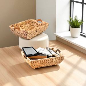 Cestas Rectangulares de Jacinto Tejidas a Mano ISLA, Organizador de Mimbre Apilable, Paquete de 2 con Asas de Madera Curvadas para Uso en el Hogar, Hoteles y Comercios - Product Image 3