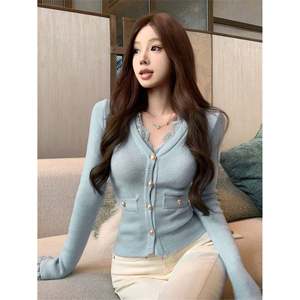 Women's Casual V-Neck <b>Cardigan</b> with Lace Trim and Button Closure - Product Image 1