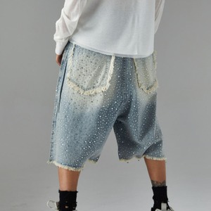 กางเกงยีนส์ขาสั้นแบบขาดๆของผู้ชายแฟชั่นใหม่ใส่สบายเข็มขัดสีฟ้าประดับพลอยเทียมกางเกงขาสั้นผ้ายีนส์ขอบฟอกสี - Product Image 6