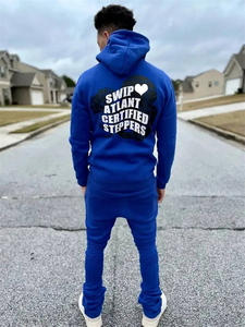 Venta al por mayor de los hombres de invierno Joggers Set Streetwear Chenille bordado Sudadera con capucha y pantalones de chándal liso teñido conjuntos de chándal - Product Image 5