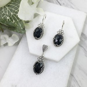 Black Spinel Silver <b>Earrings</b> Pendant Set Solid 925 Sterling Silver Natural Black Gemstones <b>Drop</b> <b>Earrings</b> Pendant Set for Women - Product Image 6