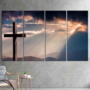 Obra de arte impresa en lienzo elegante: cruz cristiana y escena del amanecer, JUEGO DE 4 LIEÑOS - Product Image 1