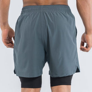 Logo personnalisé short d'entraînement double couche pour hommes 2-en-1 sports d'été poches de matériel de course à pied de gymnastique vêtements de gymnastique de musculation solides - Product Image 2