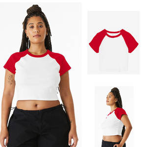 T-shirt d'été court en coton côtelé à deux couleurs avec logo personnalisé et couture raglan classique - Product Image 6