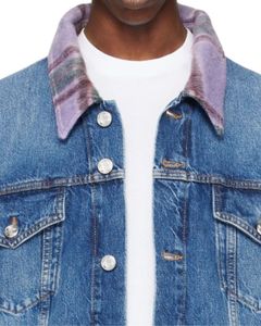 Veste en jean bleue pour homme avec col à carreaux violets, boutons sur le devant, lavage vintage, style décontracté, streetwear, vêtements d'extérieur - Product Image 4