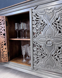 Modern 4-Door <b>Sideboard</b> Hand-Carved Grey Mango Wood for Living Room Bedroom or Hotel Use - Product Image 4