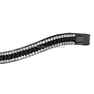 Bande de front de cheval en cuir de selle épais fait à la main en forme de vague pour bride avec designer 3 rangées de cristaux noirs et clairs méga chaîne bling - Product Image 5
