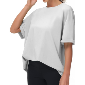 Camisetas transpirables para mujer, camiseta de gran tamaño con cuello redondo y logotipo personalizado para mujer, camiseta de entrenamiento con hombros caídos para mujer - Product Image 2