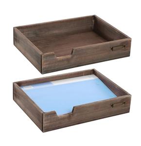 Lot de 2 bacs à lettres empilables en bois brun finition vieilli vintage pour bureau, lime à papier en bois - Product Image 1