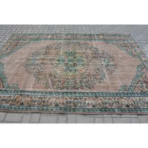 Tapis turc vintage traditionnel Beige vert 6.4x9.1 pieds laine tissage plat Patchwork Design Aubusson Style pour salon Latex - Product Image 3