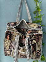 Grand sac fourre-tout en coton fait main, design patchwork matelassé, imprimé à la main, poche zippée, plage, marché, shopping, voyage, hiver, printemps, été