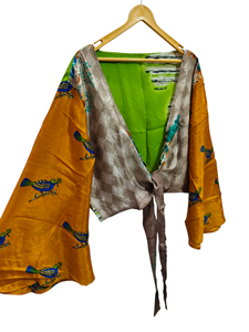 เสื้อโบโฮพิมพ์ลายดอกไม้สไตล์วินเทจทำจากผ้าไหมสั้นมีหลายสี - Product Image 3