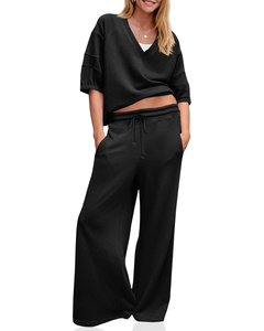 Femmes 2 pièces salon ensemble été tenues 3/4 manches col en V hauts surdimensionné jambe large pantalons longs entraînement survêtement ensembles - Product Image 1