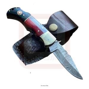 Comprar Cuchillo Multicolor Hecho a Mano Damasco Acero Resina Mango Cuero Vaina Caza al Aire Libre Supervivencia Camping Cuchillos - Product Image 1