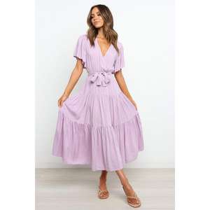 Nueva colección de precios al por mayor lavanda casual bohemio mangas cortas con escalonado cuello en V Boho tobillo longitud Maxi vestido - Product Image 1