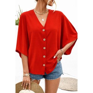 Blusa Aerobin de Manga Corta con Cuello en V y Botones Delanteros para Mujer de Jane's, Corte Holgado Informal - Product Image 3