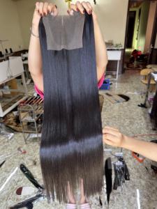 Meilleurs vendeurs de cheveux humains bruts vierges à double tirage Paquets d'os droits Vente en gros Paquets de cheveux à bande bleue avec fermeture à lacet frontal - Product Image 5