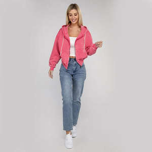 เสื้อฮู้ดครอปซิปสีชมพูฟอกสีแบบ Hot Sale สำหรับผู้หญิง รับผลิตตามแบบ OEM ดีไซน์ซีดจางแบบโดนแดด ผ้าไม่เป็นขุย ระบายอากาศได้ดี - Product Image 2