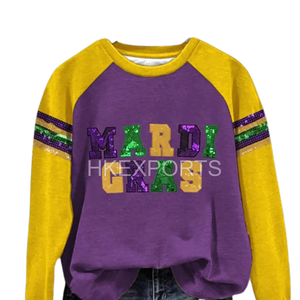 Sweat-shirt surdimensionné élégant pour femmes Mardi Gras violet vert or Sequin Design confortable XS Trendy Carnival Fashion - Product Image 3