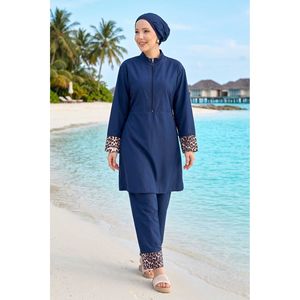 Traje de Baño Burkini de Tres Piezas con Estampado de Leopardo Azul Marino, Talla XL, Pantalones de Cintura Alta, Decoración Fruncida, Tejido Transpirable, Compatible con Hiyab - Product Image 6