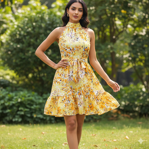 Robe à col halterneck à imprimé floral de luxe Unity, tissu fluide et doux, élégante tenue d'été pour femmes - Product Image 1