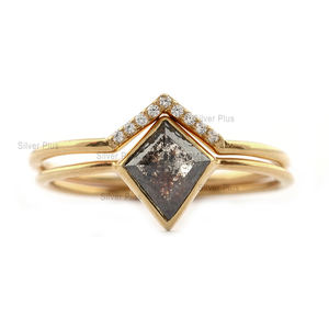 Genuine <b>Salt</b> <b>Pepper</b> Diamond Engagement Chevron Two Ring <b>Set</b> Solid 14K Yellow Gold Minimalist Bridal Wedding Handmade Diamond Jew - Product Image 2