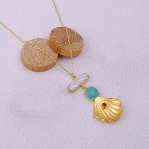 Collar de Piedras Preciosas de Calcedonia Natural, Forma Ovalada Chapada en Oro con Cadenas, Estilo - Product Image 3