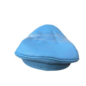 This is a pale blue real leather biker, arm, muir, <b>gay</b> cap with a black shiny peak and belt detailing - Product Image 2