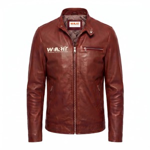 Veste en cuir personnalisée avec logo pour homme, style Cafe Racer, en peau de mouton, logo embossé, couleur châtain - Product Image 1